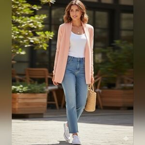 Women's Peach Open Front Cardigan Sweater With Eyelet Detail